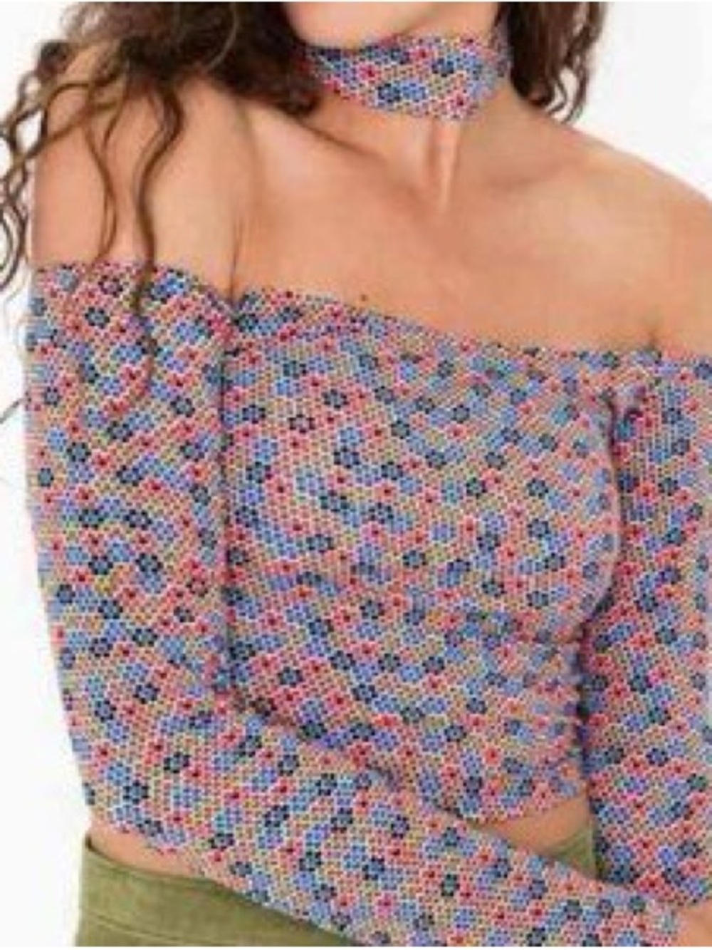 American Apparel Multicolor Off-Shoulder Floral Mosaic Crop Top with Choker